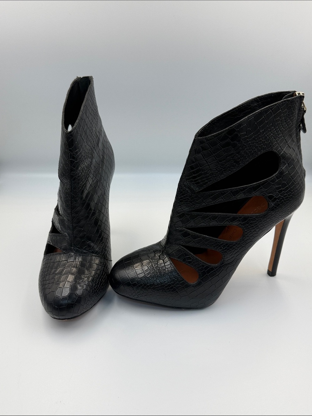 Rebecca Minkoff Black Croc-Embossed Cutout Stiletto Booties